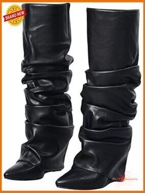 Knee High Boots Wide Calf Wedge Heel Pointed Toe Patent Leather Slip On